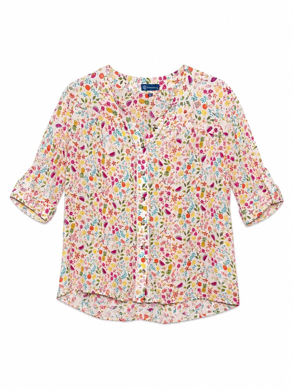 Democracy Floral Paisley Roll Tab Blouse | Lightweight Button Front Top | Boho - Picture 2 of 12